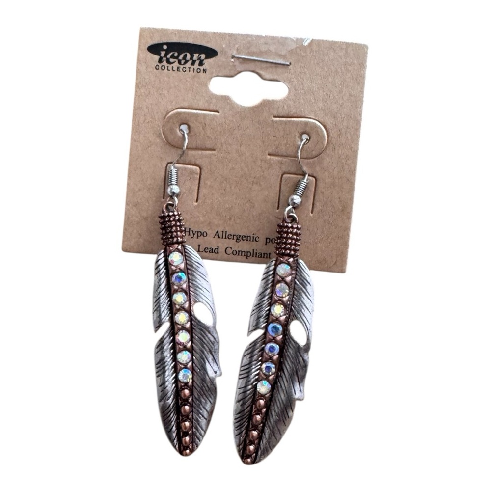 Silver and copper Feather Earrings with Gem Accents.